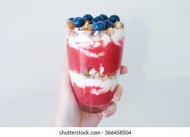 Breakfast Parfait With Smoothie, Skyr, Granola And Blueberries