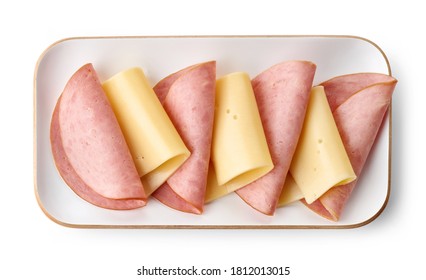 breakfast plate of cheese and ham sausage isolated on white background, top view - Powered by Shutterstock