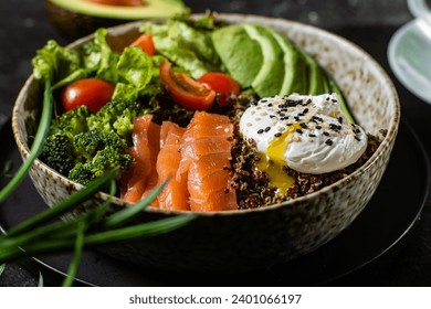 Breakfast in a plate. Poached egg with avocado and lettuce. Salmon