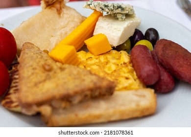 Breakfast Plate. Breakfast With Sausage Cheese Omelette Olives. Healthy Eating Concept