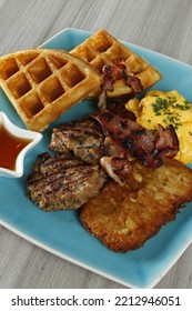 Breakfast Platter With Bacon, Hash Brown, Beef Burger Patty, Scrambled Egg And Waffles