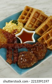 Breakfast Platter With Bacon, Hash Brown, Beef Burger Patty, Scrambled Egg And Waffles