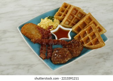 Breakfast Platter With Bacon, Hash Brown, Beef Burger Patty, Scrambled Egg And Waffles