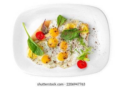 Breakfast Of Quail Eggs With Vegetables. Balanced, Nutritious, Tasty And Nutritious Food. Ready-made Menu For A Restaurant Or For Delivery. Dish In A White Plate Isolated On A White Background.