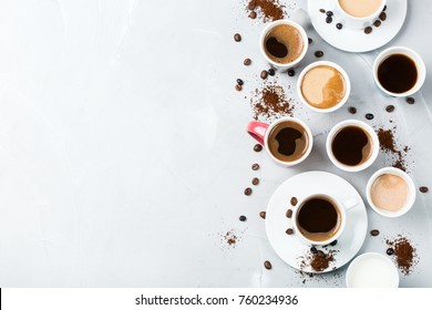 Breakfast Relaxation Time Concept. Different Coffee Mugs And Cups On A Cozy Kitchen Table. Copy Space, Top View Flat Lay Background