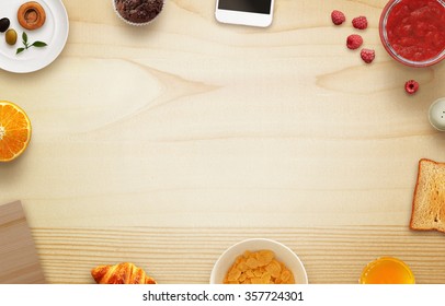 Breakfast Scene With Free Space, Tablecloth, Fruits, Toast, Jar Of Jam, Phone, Cutting Board On Table. Top View.