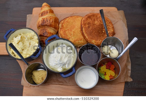 Breakfast Scrambled Eggs Pancakes Croissant Jam Stock Photo Edit