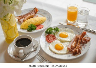 Breakfast set at hotels in Thailand, including hot coffee, eggs, ham and sausage. - Powered by Shutterstock