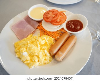 Breakfast set at morning time , food dish , delicious full english breakfast, egg, beans, sausages and bacon, some toasted bread slices, fruit and a cup of coffee. - Powered by Shutterstock