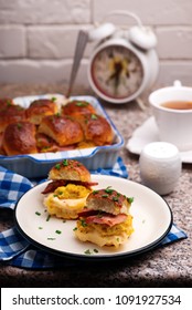 Breakfast Sliders. Buns With Bacon.selective Focus