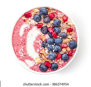 Breakfast Smoothie Bowl Isolated On White Background, Top View