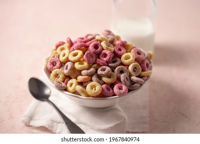 Breakfast With Sugary Cereals And A Bottle Of Milk