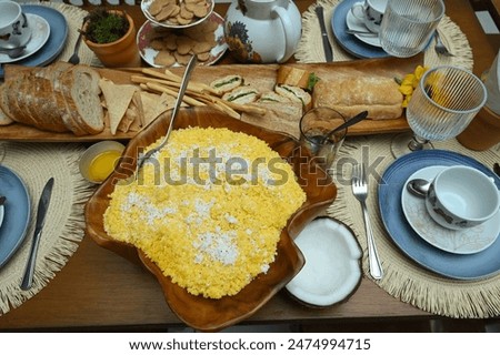breakfast, table, couscous, seen, from, above, couscous, wooden, bowl, dried, coconut, brazilian, food, northeastern, typical, meal, coffee, basket, rustic, pastry, baked, gourmet, plate, tea, snack, 