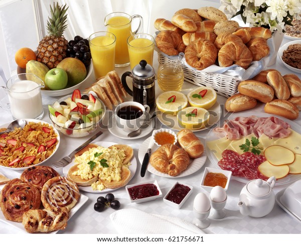 Breakfast Table Filled Assorted Foodssavourysweetpastrieshot Cold Stock ...