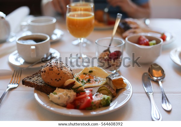 Breakfast Table Hotel Plate Full Food Stock Photo (edit Now) 564608392