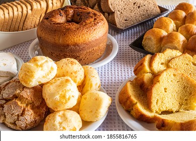 Breakfast Table In Hotel, With Sweets, Cakes, Cheese Bread And Bread. Brazilian Mineira Food And Cuisine.