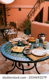Breakfast table in riad in Marrakech