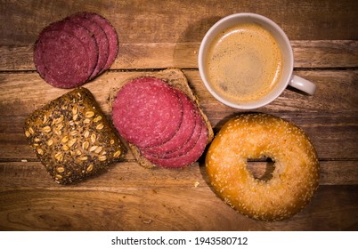 Breakfast Table With Rolls, Coffee And Sausage - Top Down View - Food Photography