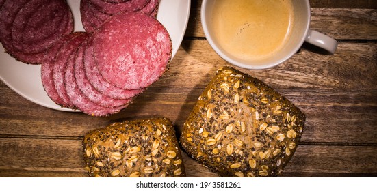 Breakfast Table With Rolls, Coffee And Sausage - Top Down View - Food Photography