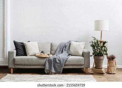 Breakfast tray with traditional chinese tea and homemade croissant on couch, near plaid and cushions. Retro style furniture, old fashionable lamp and vintage home decor at living room