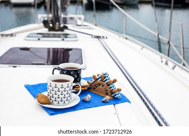 breakfast for two. cups of coffee on a yacht