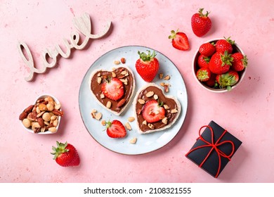 Breakfast for two  Valentines day food for couple in love and chocolate toasts   strawberry