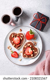 Breakfast For Two, Valentines Day Food For Couple In Love With Chocolate Toasts And Strawberry