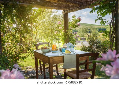 Breakfast Under The Gazebo In A Sunny Spring Morning