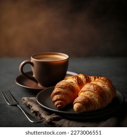 Breakfast view a bunch of croissant and a cup of coffee with cafe vibe background.  - Powered by Shutterstock