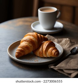 Breakfast view a bunch of croissant and a cup of coffee on the table. Kitchen vibe with filter lighting from window.  - Powered by Shutterstock