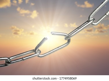 Breaking Chain Over Sunrise Background Sky With Clouds, Breaking Free, Freedom, Success Or Power Concept