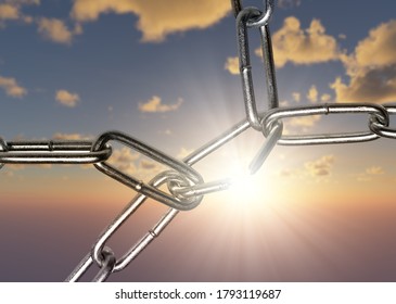 Breaking Chain Over Sunrise Background Sky With Clouds, Breaking Free, Freedom, Success Or Power Concept