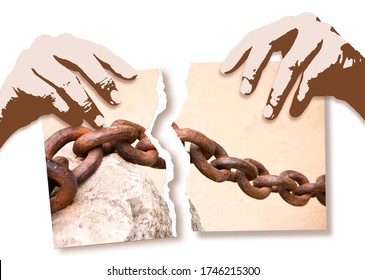 Breaking The Chains - Concept Image With Hands Ripping Photo Of An Old Rusty Metal Chain.