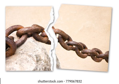 Breaking The Chains - Concept Image With A Ripped Photo Of An Old Rusty Metal Chain 