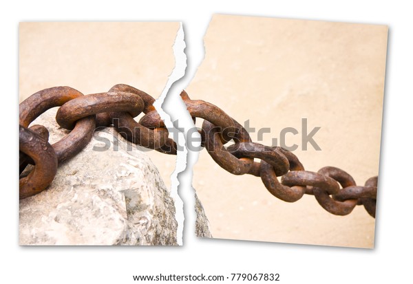 Breaking the chains - concept image with a\
ripped photo of an old rusty metal chain\

