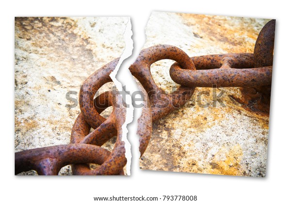 Breaking the chains - concept image with a
ripped photo of an old rusty metal chain
