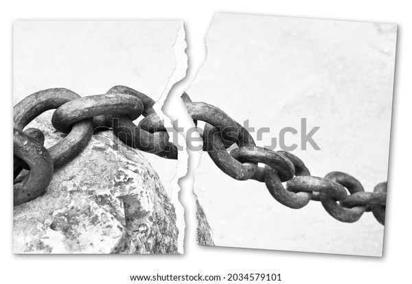 Breaking the chains - concept with a ripped\
photo of an old rusty break metal\
chain