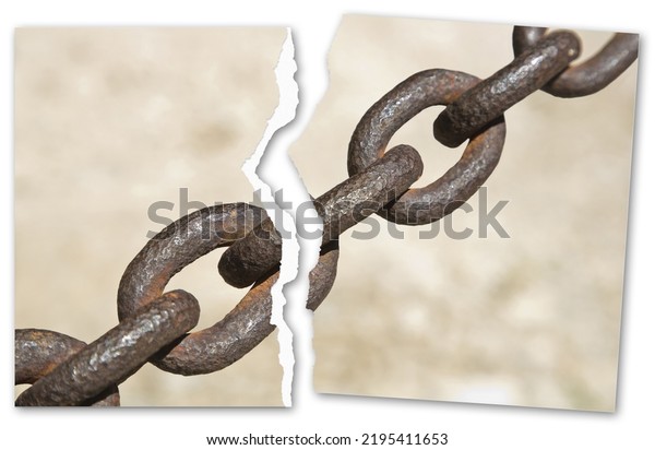 Breaking the chains - concept with a ripped photo\
of an old rusty metal chain\
