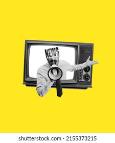 Breaking news. Contemporary art collage. Excited man sticking out from retro tv set isolated on yellow background. Concept of art, surrealism, news, sales, info, discount. Copy space for ad - Shutterstock ID 2155373215