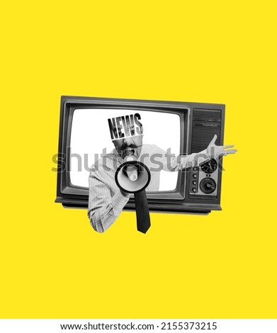 Breaking news. Contemporary art collage. Excited man sticking out from retro tv set isolated on yellow background. Concept of art, surrealism, news, sales, info, discount. Copy space for ad