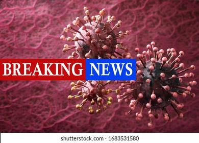 Breaking News Covid-19 concept isolated on coronavirus simulation cell red background.