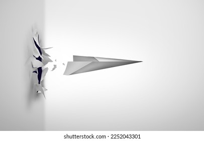 Breaking through and overcoming challenges or surmounting difficulties as a paper airplane blasting out of a wall as a symbol to overcome obstacles as a business success metaphor. - Shutterstock ID 2252043301