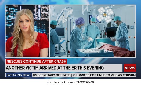 Breaking TV News Live Report: Anchor Talks. Split Screen Montage Video: Ambulance Emergency Room Doctors, Paramedics Saving Victim. Television Program Cable Channel Broadcast Concept