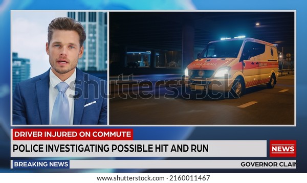 Breaking\
TV News Live Report: Anchor Talks While Split Screen Montage:\
Ambulance Driving to Road Accident, ER Team Saving Car Crash\
Victim. Television Program Cable Channel\
Concept