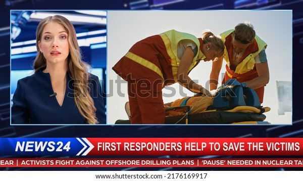 Breaking TV News Live Report: Anchor Talks.\
Split Screen Edit: Rescue Team Firefighters on Fire Engine Arrive\
on Car Crash Traffic Accident Scene. Television Program on Cable\
Channel Concept.