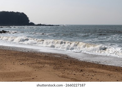 breaking waves on the beach in winter