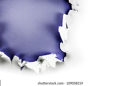 Breakthrough paper hole with purple background, isolated on white.