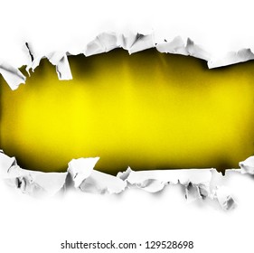 Breakthrough paper hole with yellow background inside, isolated on white.