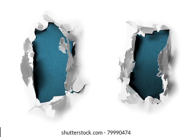 Breakthrough paper holes with blue textured background.