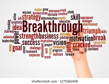 Breakthrough Word Cloud And Hand With Marker Concept On White Background.  